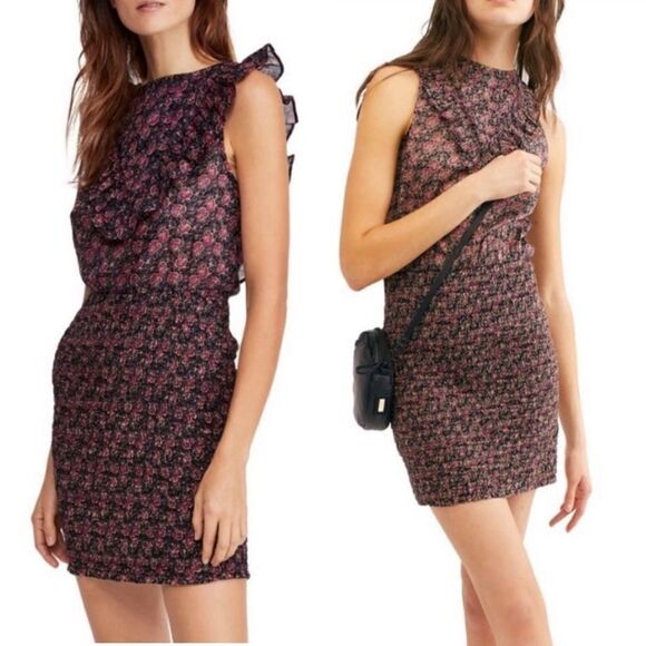 Free People I’m Your Favorite Mini Dress Plum/Purple Combo Size M Smocked Floral - Picture 1 of 8